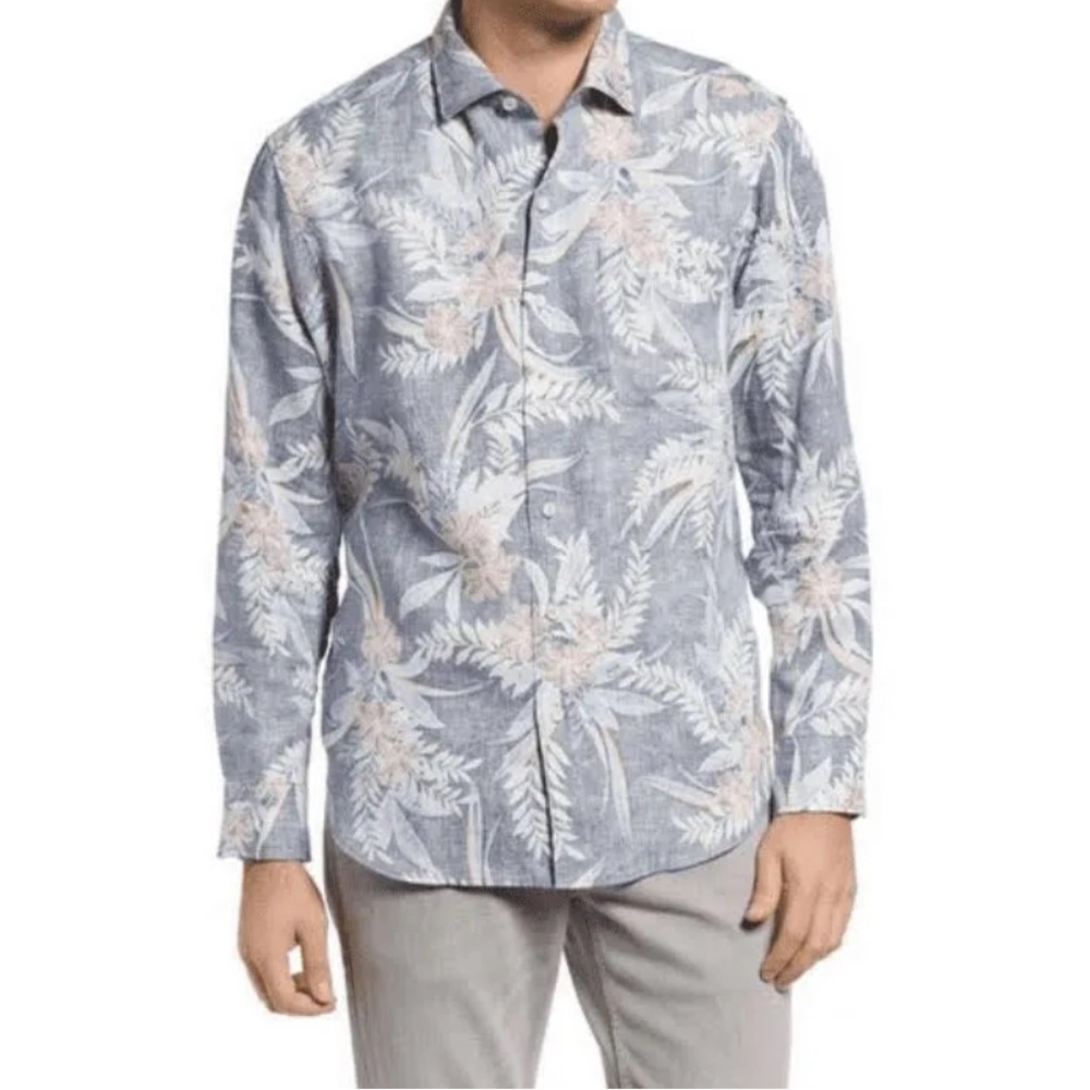 Tommy Bahama 100% Linen Mirage Floral Long Sleeve Shirt Blue Island Navy $135